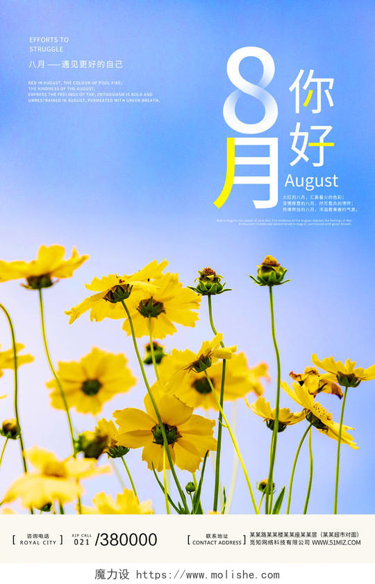 蓝色简约小清新8月你好八月你好海报宣传8月你好海报